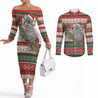 Aussie Koala Mama Christmas Couples Matching Off The Shoulder Long Sleeve Dress and Long Sleeve Button Shirt Festive Knitted Pattern Inspired