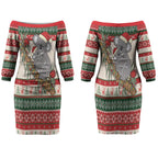 Aussie Koala Mama Christmas Couples Matching Off The Shoulder Long Sleeve Dress and Long Sleeve Button Shirt Festive Knitted Pattern Inspired