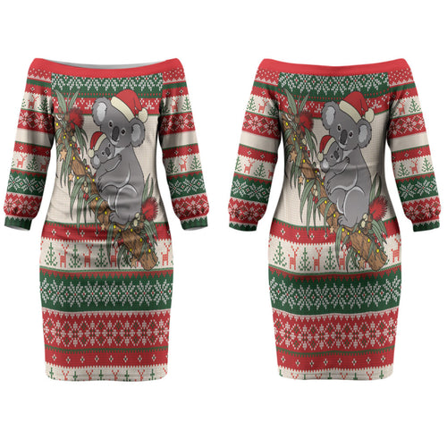 Aussie Koala Mama Christmas Couples Matching Off The Shoulder Long Sleeve Dress and Long Sleeve Button Shirt Festive Knitted Pattern Inspired