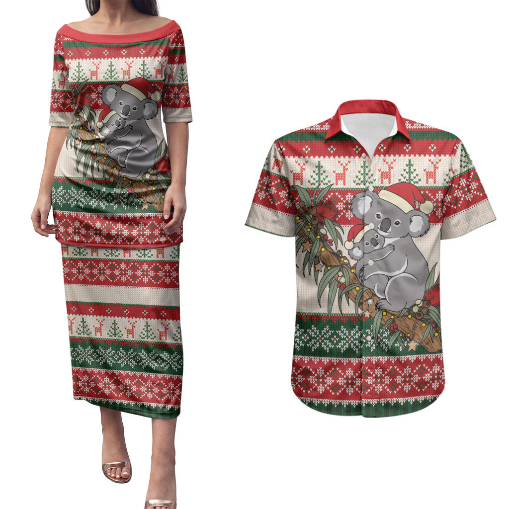 Aussie Koala Mama Christmas Couples Matching Puletasi and Hawaiian Shirt Festive Knitted Pattern Inspired