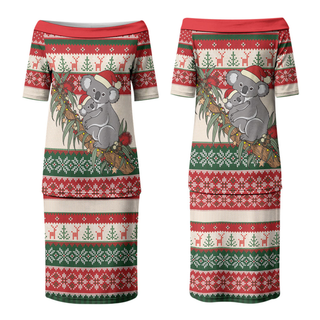 Aussie Koala Mama Christmas Couples Matching Puletasi and Hawaiian Shirt Festive Knitted Pattern Inspired