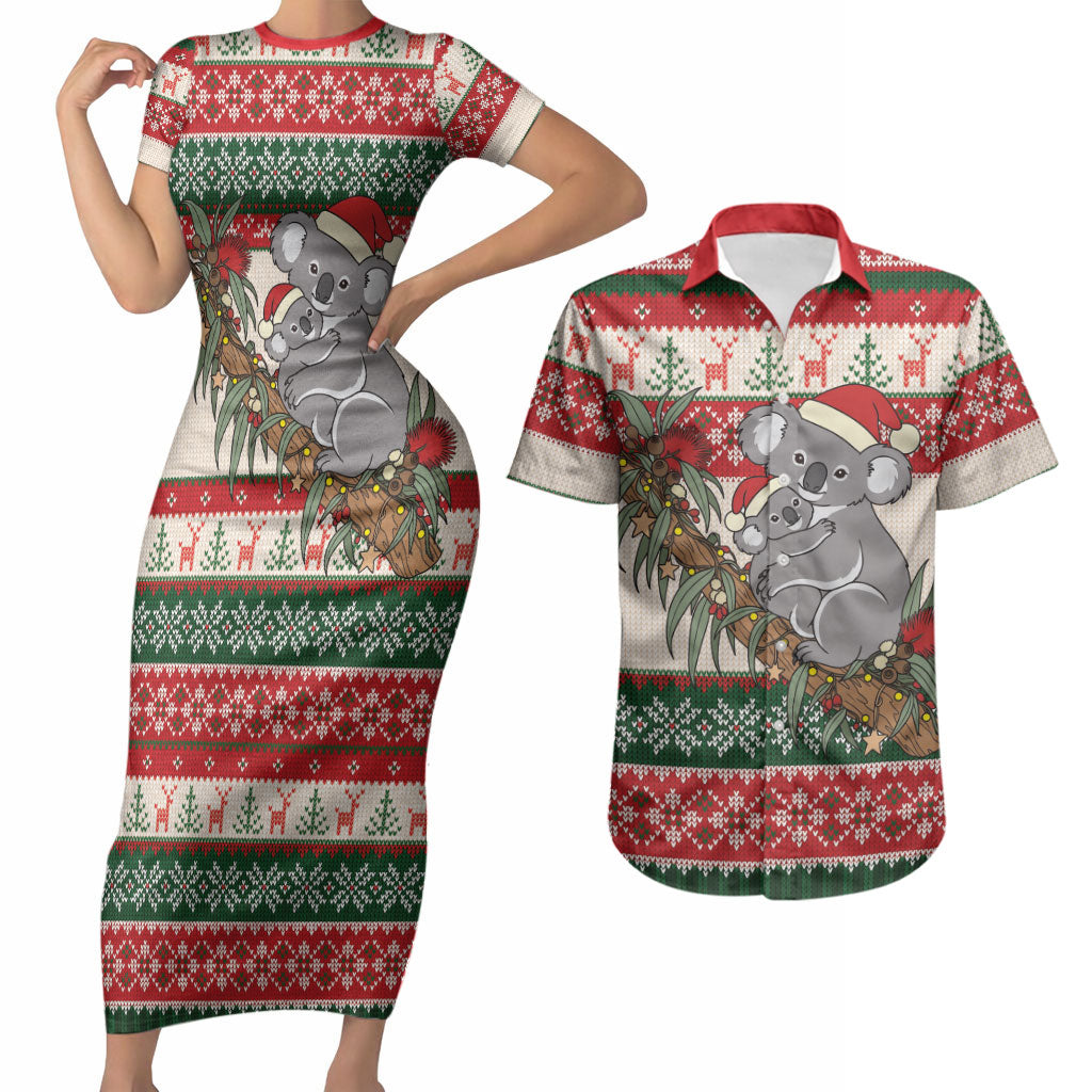Aussie Koala Mama Christmas Couples Matching Short Sleeve Bodycon Dress and Hawaiian Shirt Festive Knitted Pattern Inspired