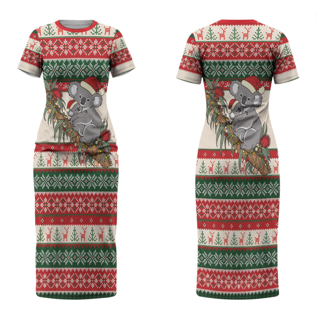 Aussie Koala Mama Christmas Couples Matching Short Sleeve Bodycon Dress and Hawaiian Shirt Festive Knitted Pattern Inspired