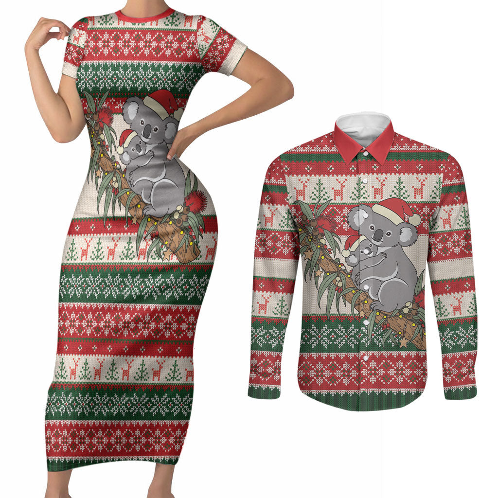 Aussie Koala Mama Christmas Couples Matching Short Sleeve Bodycon Dress and Long Sleeve Button Shirt Festive Knitted Pattern Inspired