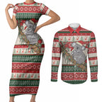 Aussie Koala Mama Christmas Couples Matching Short Sleeve Bodycon Dress and Long Sleeve Button Shirt Festive Knitted Pattern Inspired