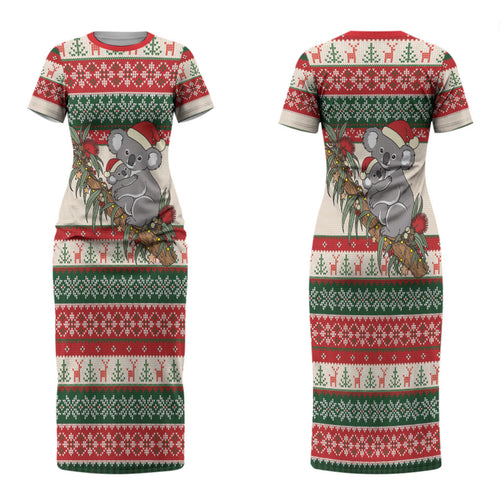 Aussie Koala Mama Christmas Couples Matching Short Sleeve Bodycon Dress and Long Sleeve Button Shirt Festive Knitted Pattern Inspired