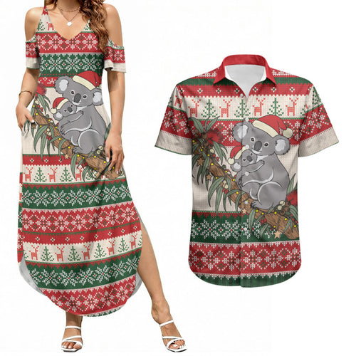 Aussie Koala Mama Christmas Couples Matching Summer Maxi Dress and Hawaiian Shirt Festive Knitted Pattern Inspired