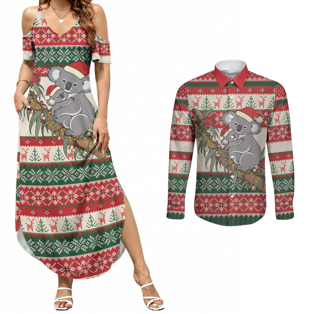 Aussie Koala Mama Christmas Couples Matching Summer Maxi Dress and Long Sleeve Button Shirt Festive Knitted Pattern Inspired