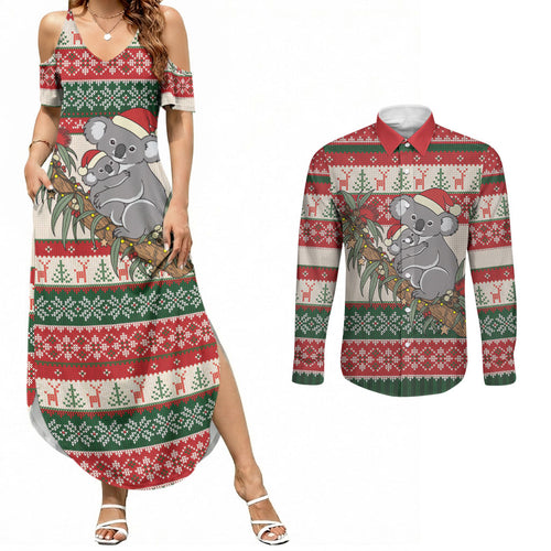 Aussie Koala Mama Christmas Couples Matching Summer Maxi Dress and Long Sleeve Button Shirt Festive Knitted Pattern Inspired