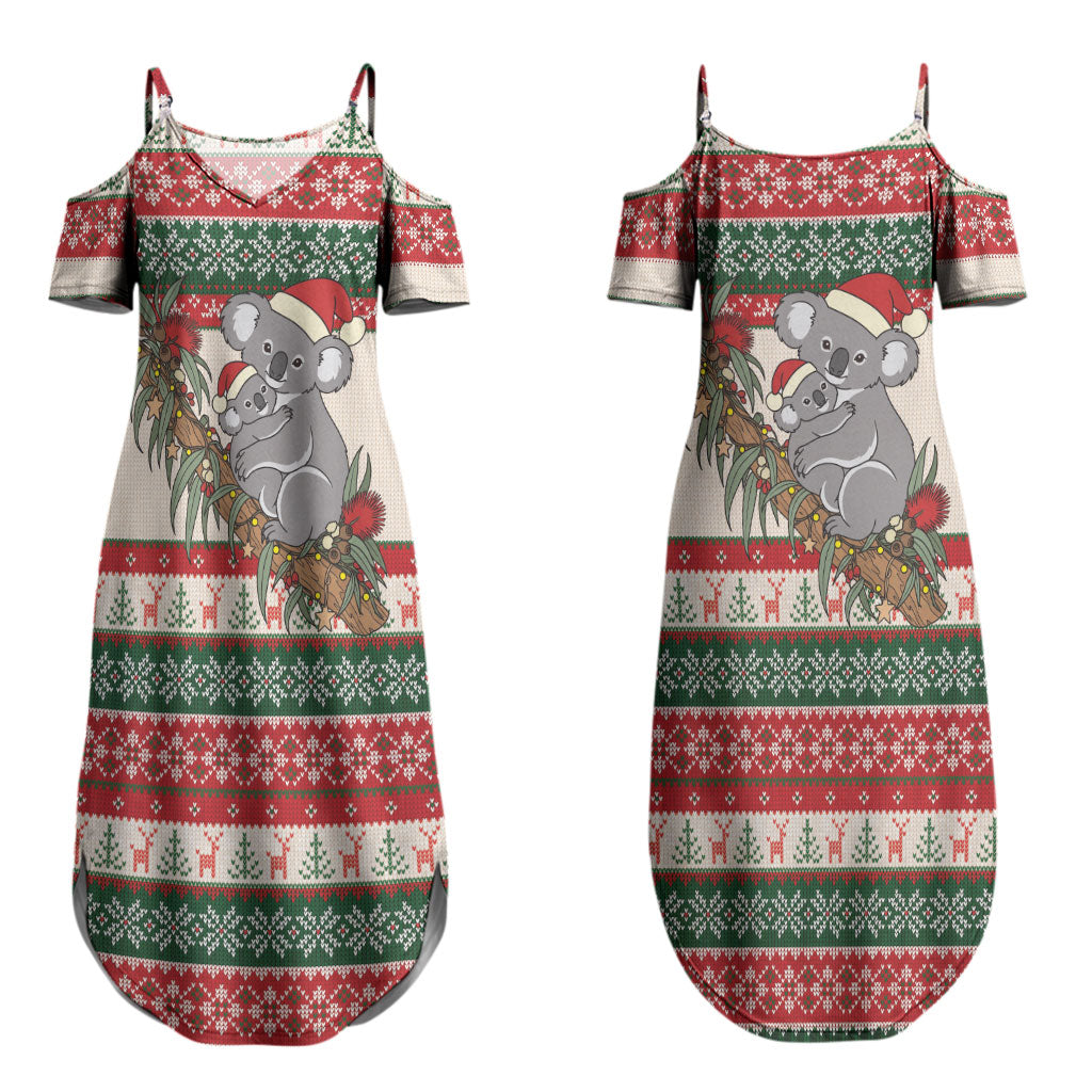 Aussie Koala Mama Christmas Couples Matching Summer Maxi Dress and Long Sleeve Button Shirt Festive Knitted Pattern Inspired