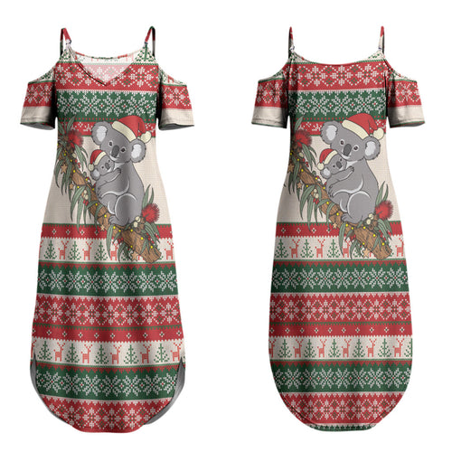 Aussie Koala Mama Christmas Couples Matching Summer Maxi Dress and Long Sleeve Button Shirt Festive Knitted Pattern Inspired