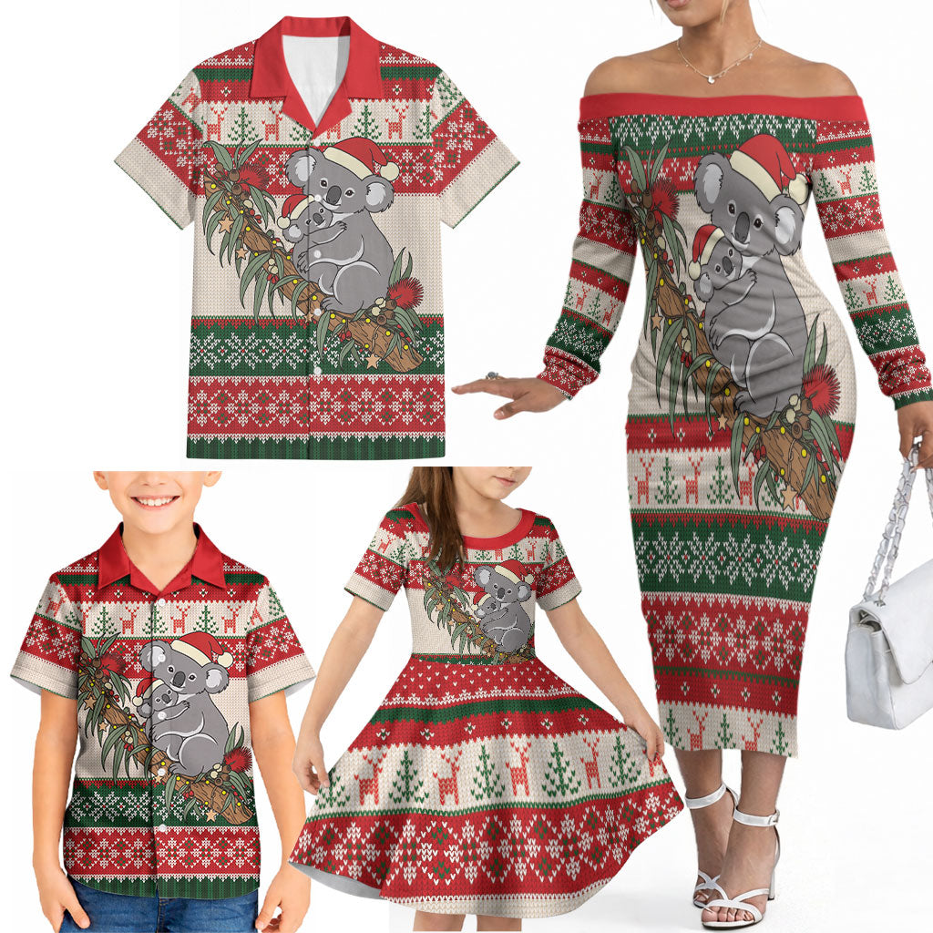 Aussie Koala Mama Christmas Family Matching Off The Shoulder Long Sleeve Dress and Hawaiian Shirt Festive Knitted Pattern Inspired