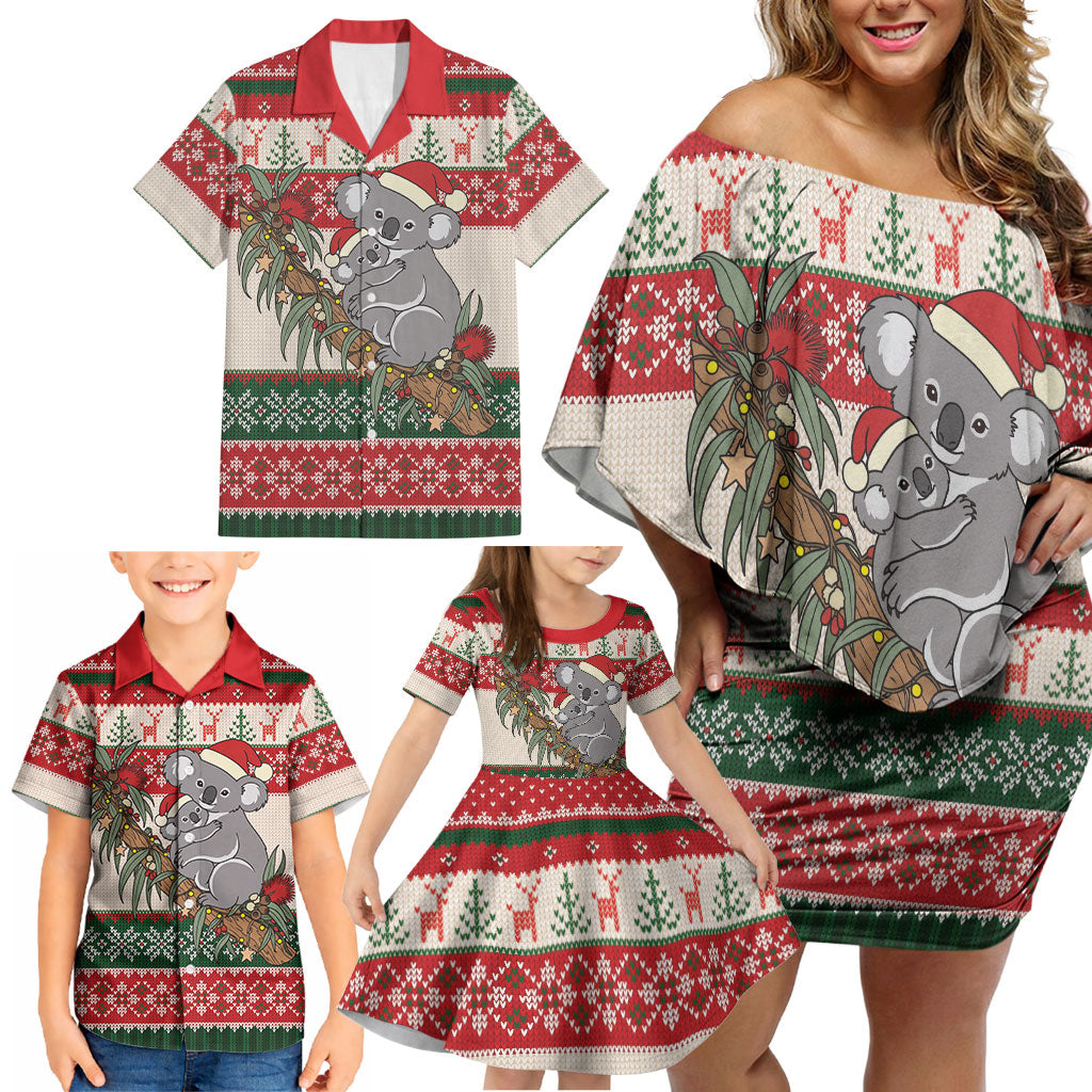 Aussie Koala Mama Christmas Family Matching Off Shoulder Short Dress and Hawaiian Shirt Festive Knitted Pattern Inspired