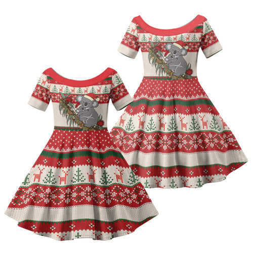 Aussie Koala Mama Christmas Family Matching Puletasi and Hawaiian Shirt Festive Knitted Pattern Inspired