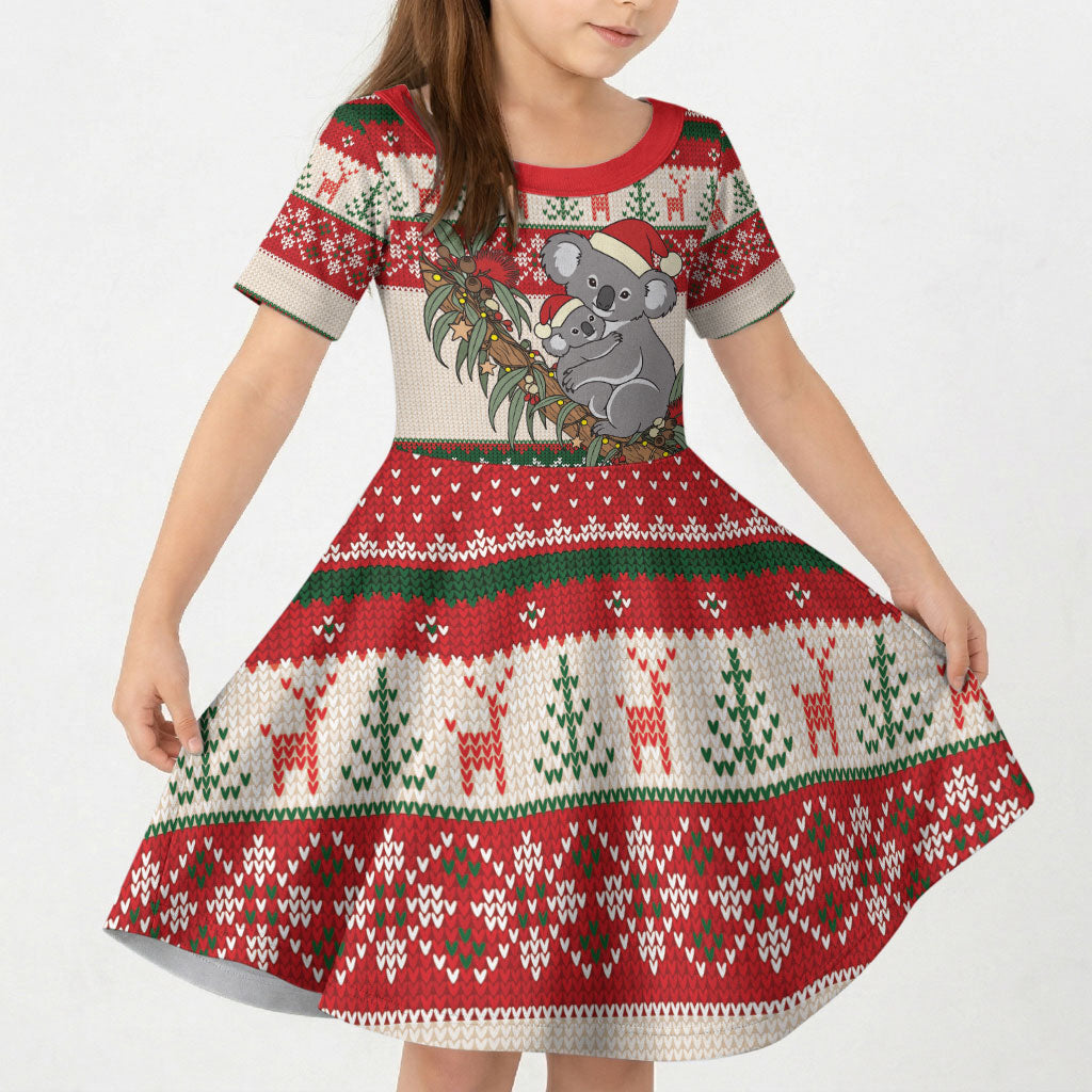 Aussie Koala Mama Christmas Kid Short Sleeve Dress Festive Knitted Pattern Inspired