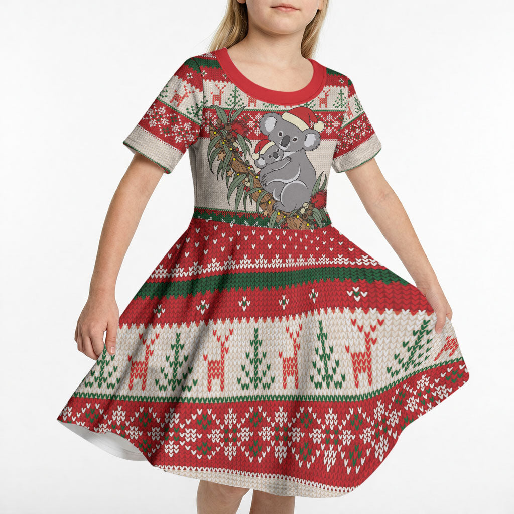 Aussie Koala Mama Christmas Kid Short Sleeve Dress Festive Knitted Pattern Inspired