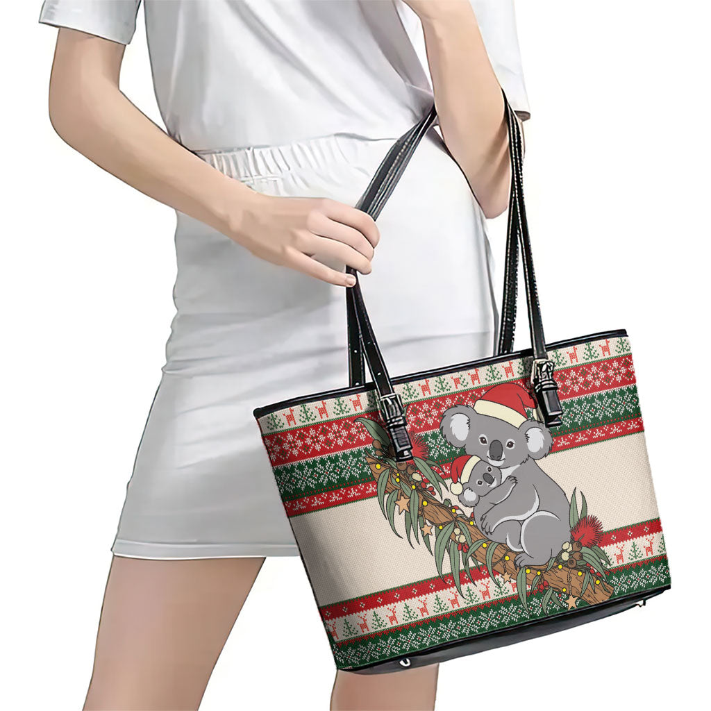 Aussie Koala Mama Christmas Leather Tote Bag Festive Knitted Pattern Inspired