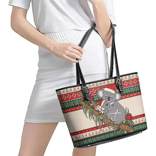 Aussie Koala Mama Christmas Leather Tote Bag Festive Knitted Pattern Inspired