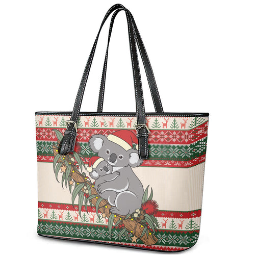 Aussie Koala Mama Christmas Leather Tote Bag Festive Knitted Pattern Inspired