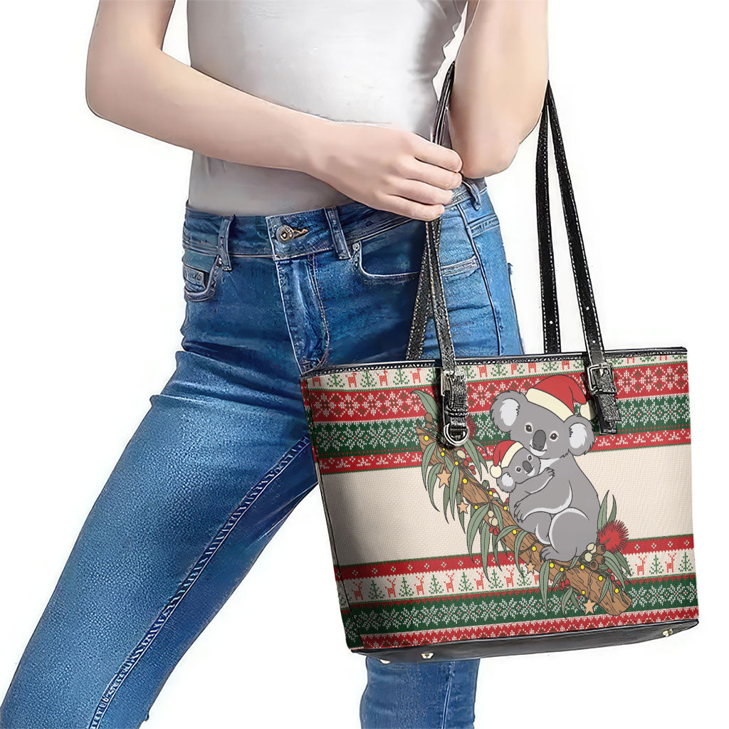 Aussie Koala Mama Christmas Leather Tote Bag Festive Knitted Pattern Inspired