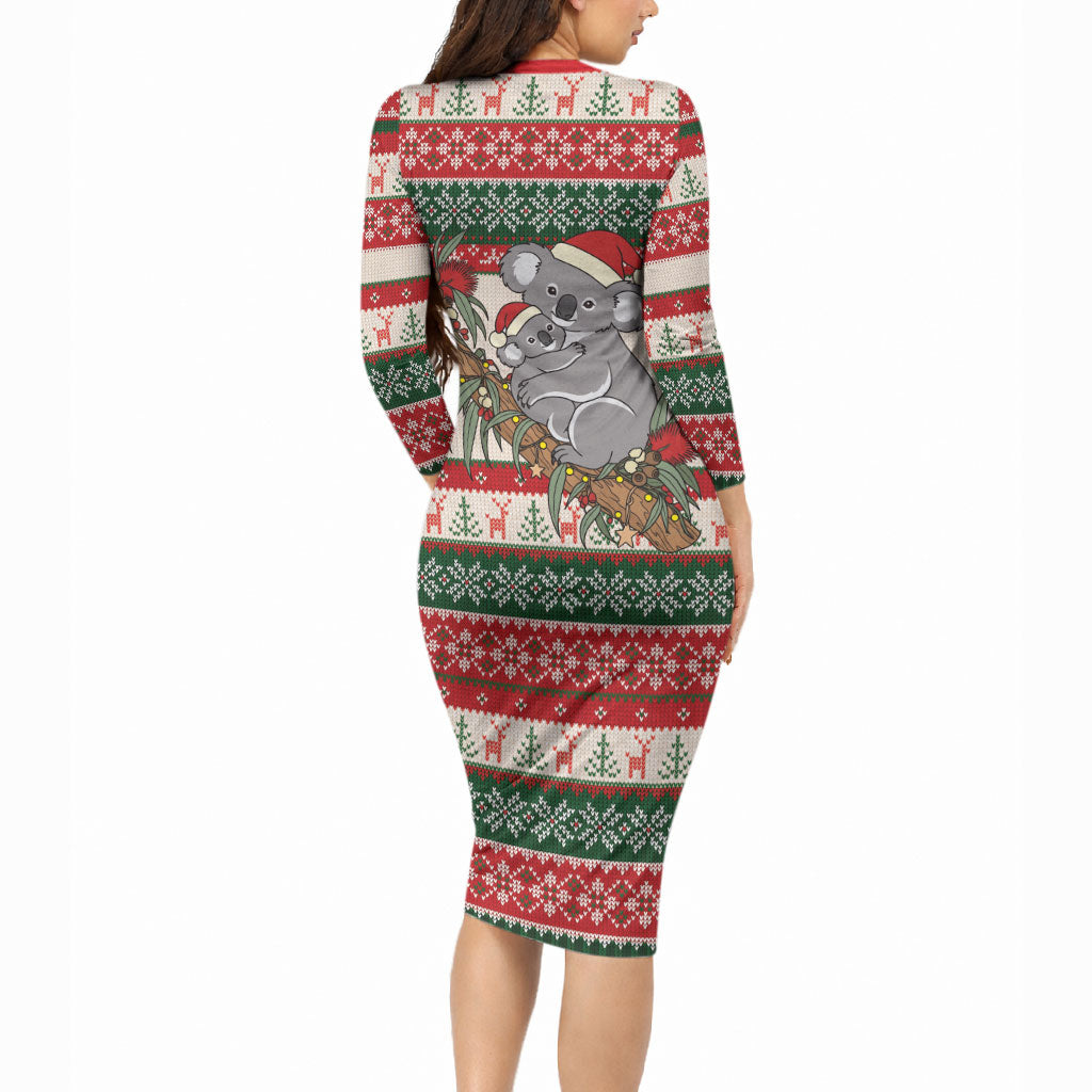 Aussie Koala Mama Christmas Long Sleeve Bodycon Dress Festive Knitted Pattern Inspired