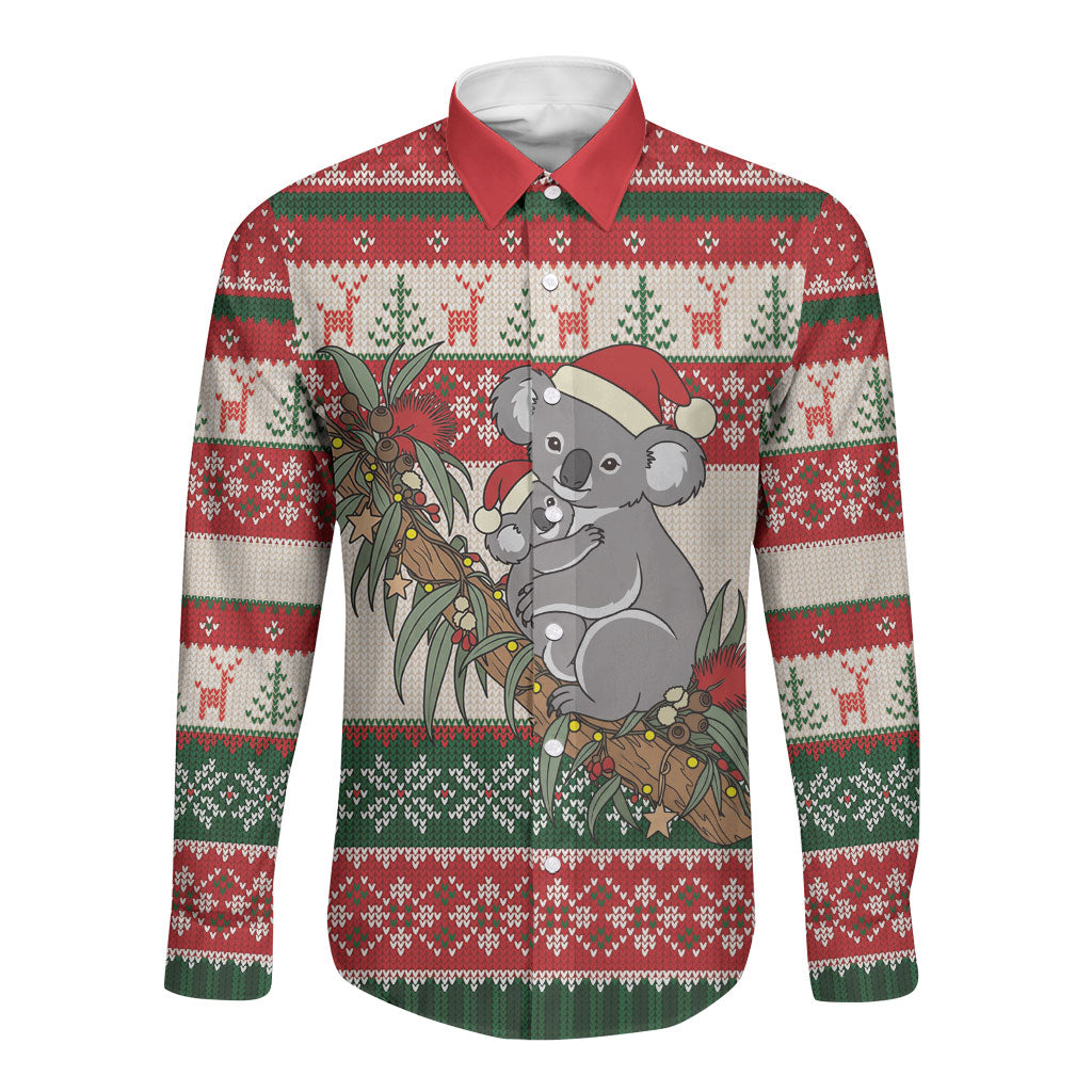 Aussie Koala Mama Christmas Long Sleeve Button Shirt Festive Knitted Pattern Inspired