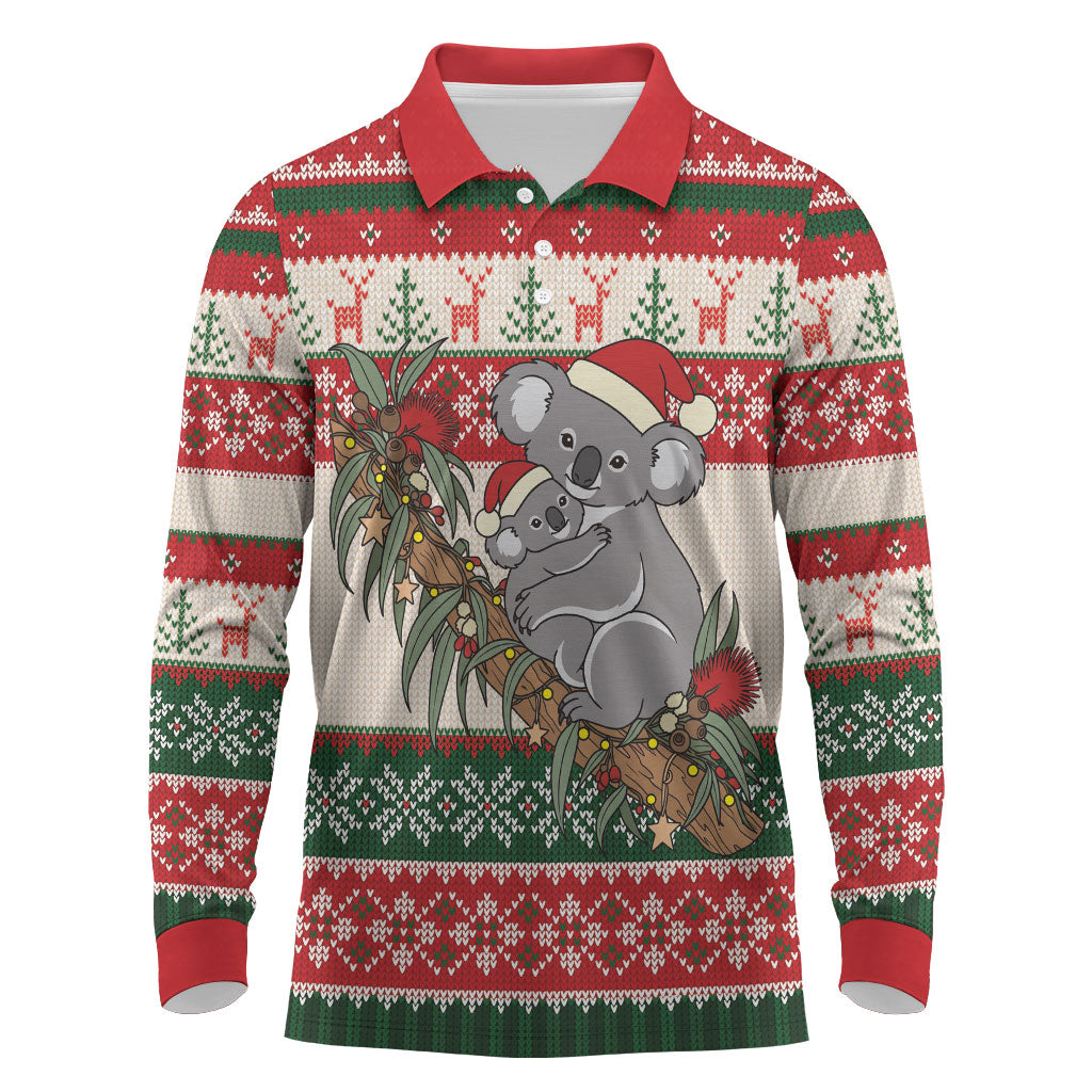 Aussie Koala Mama Christmas Long Sleeve Polo Shirt Festive Knitted Pattern Inspired