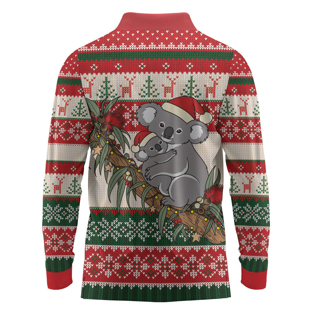 Aussie Koala Mama Christmas Long Sleeve Polo Shirt Festive Knitted Pattern Inspired