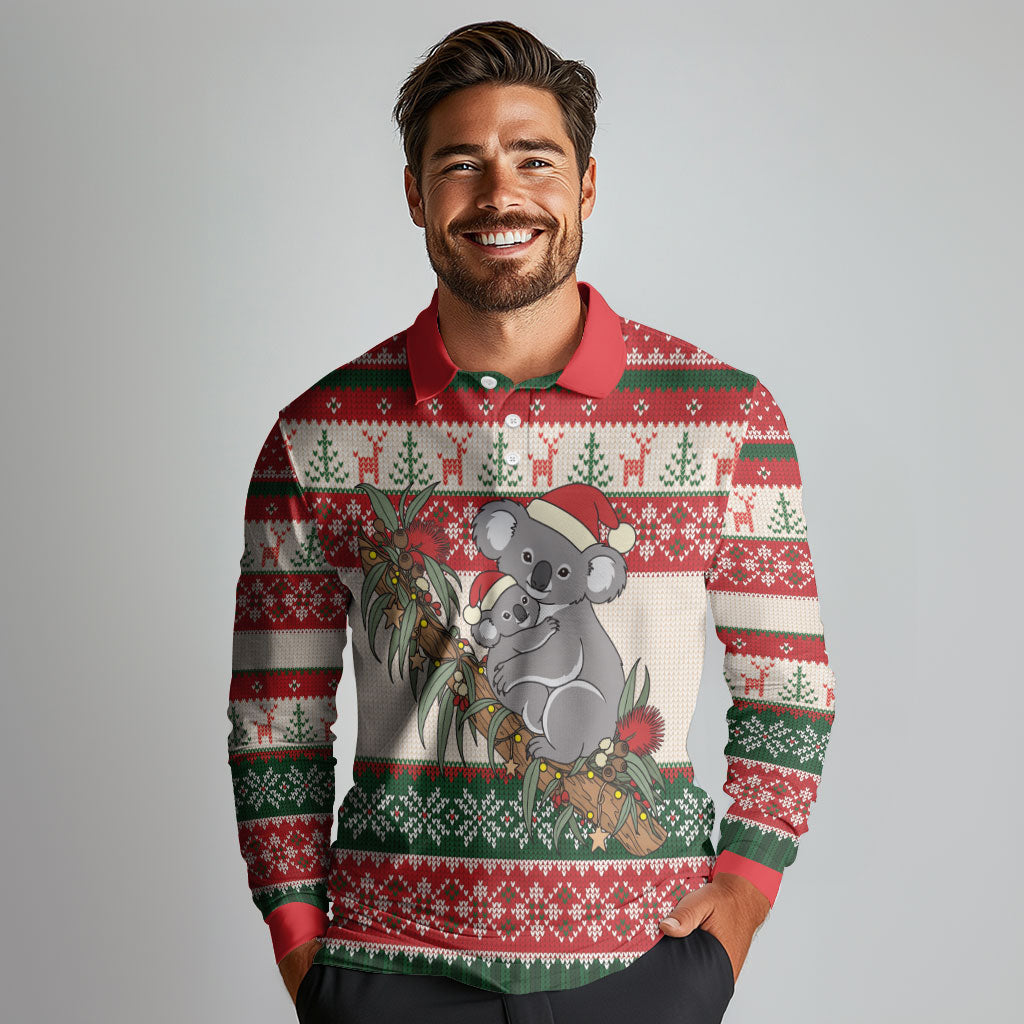 Aussie Koala Mama Christmas Long Sleeve Polo Shirt Festive Knitted Pattern Inspired