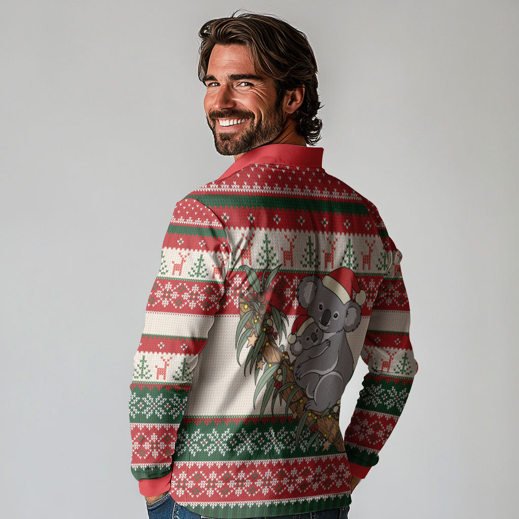 Aussie Koala Mama Christmas Long Sleeve Polo Shirt Festive Knitted Pattern Inspired