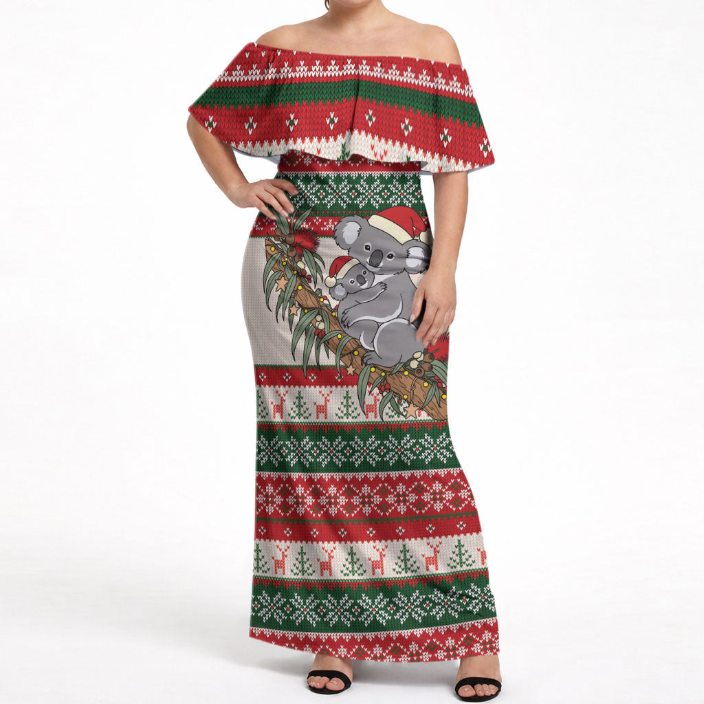 Aussie Koala Mama Christmas Off Shoulder Maxi Dress Festive Knitted Pattern Inspired