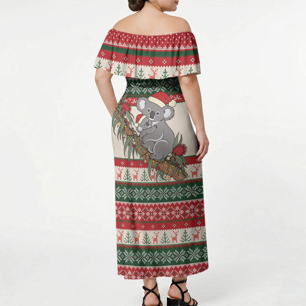 Aussie Koala Mama Christmas Off Shoulder Maxi Dress Festive Knitted Pattern Inspired