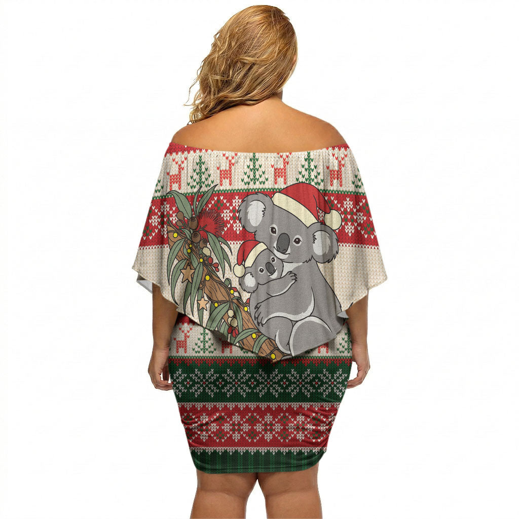 Aussie Koala Mama Christmas Off Shoulder Short Dress Festive Knitted Pattern Inspired