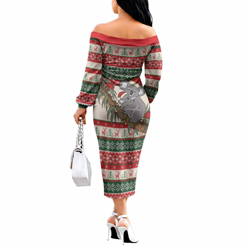 Aussie Koala Mama Christmas Off The Shoulder Long Sleeve Dress Festive Knitted Pattern Inspired