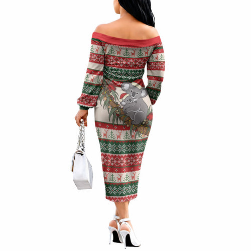 Aussie Koala Mama Christmas Off The Shoulder Long Sleeve Dress Festive Knitted Pattern Inspired