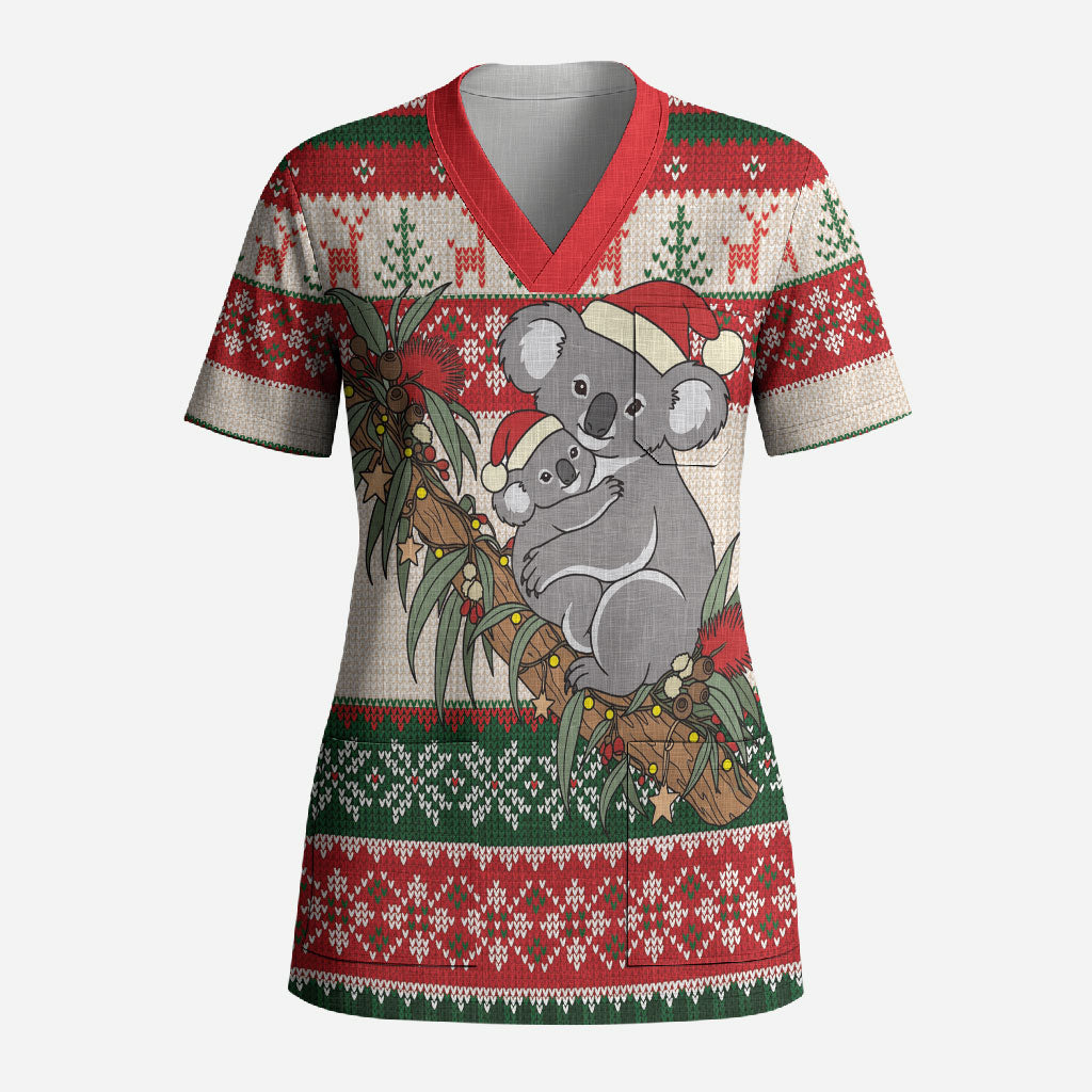 Aussie Koala Mama Christmas Scrub Top Festive Knitted Pattern Inspired