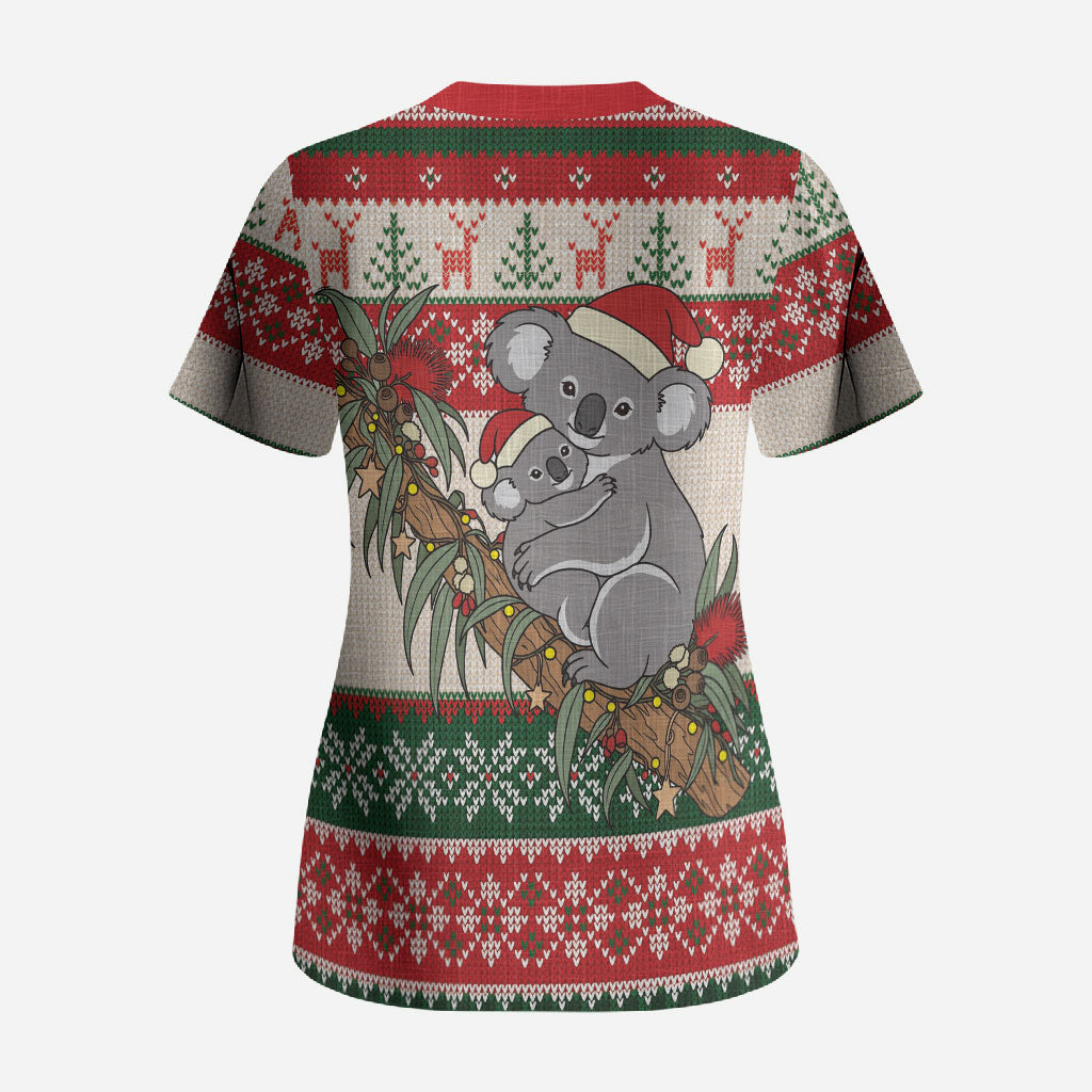 Aussie Koala Mama Christmas Scrub Top Festive Knitted Pattern Inspired