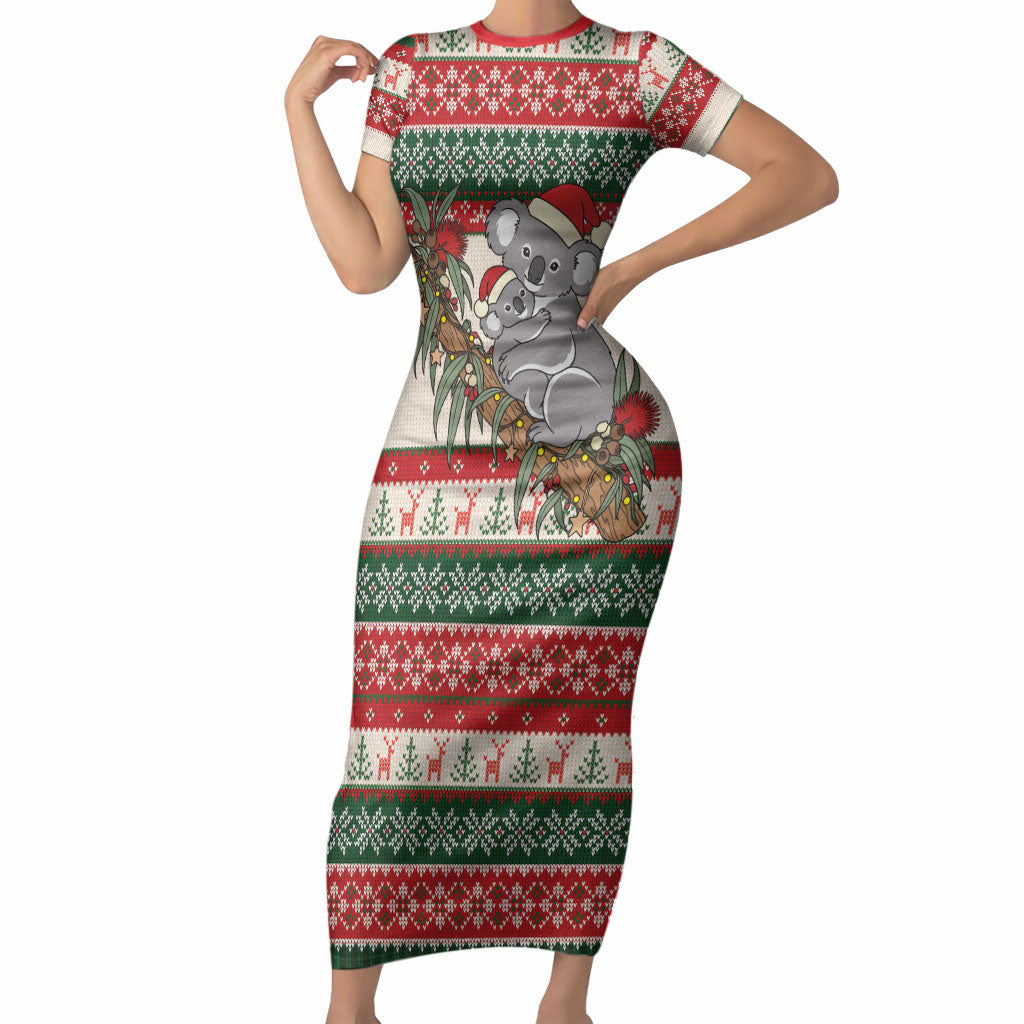 Aussie Koala Mama Christmas Short Sleeve Bodycon Dress Festive Knitted Pattern Inspired