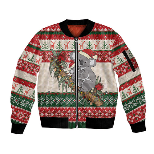 Aussie Koala Mama Christmas Sleeve Zip Bomber Jacket Festive Knitted Pattern Inspired