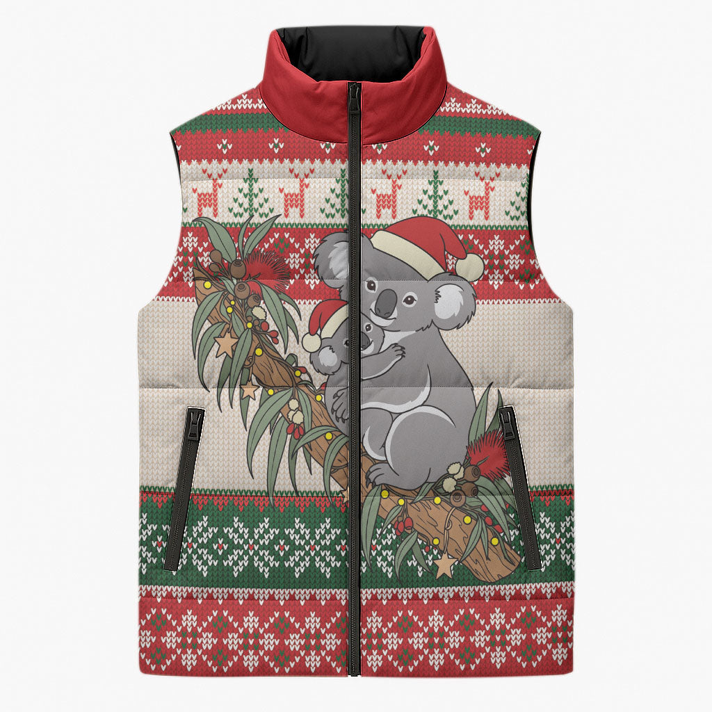 Aussie Koala Mama Christmas Sleeveless Puffer Jacket Festive Knitted Pattern Inspired