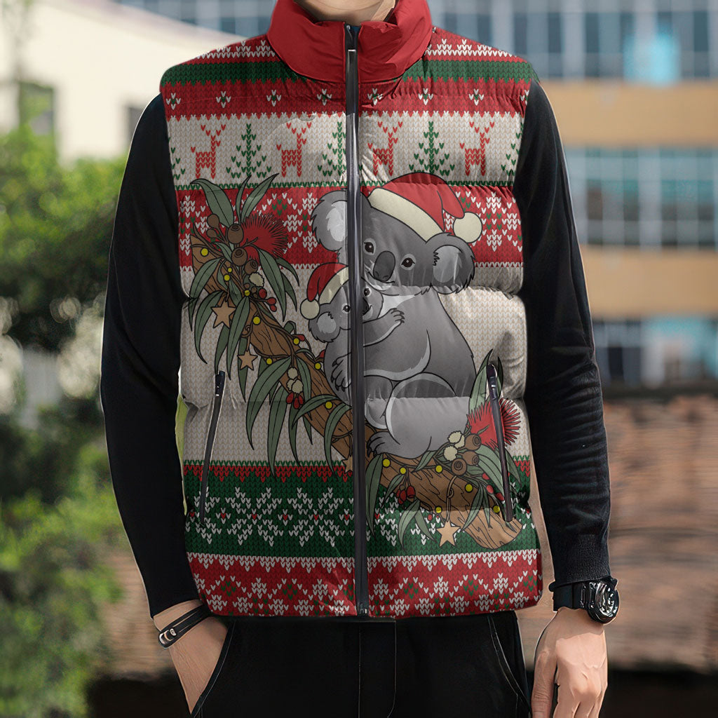 Aussie Koala Mama Christmas Sleeveless Puffer Jacket Festive Knitted Pattern Inspired