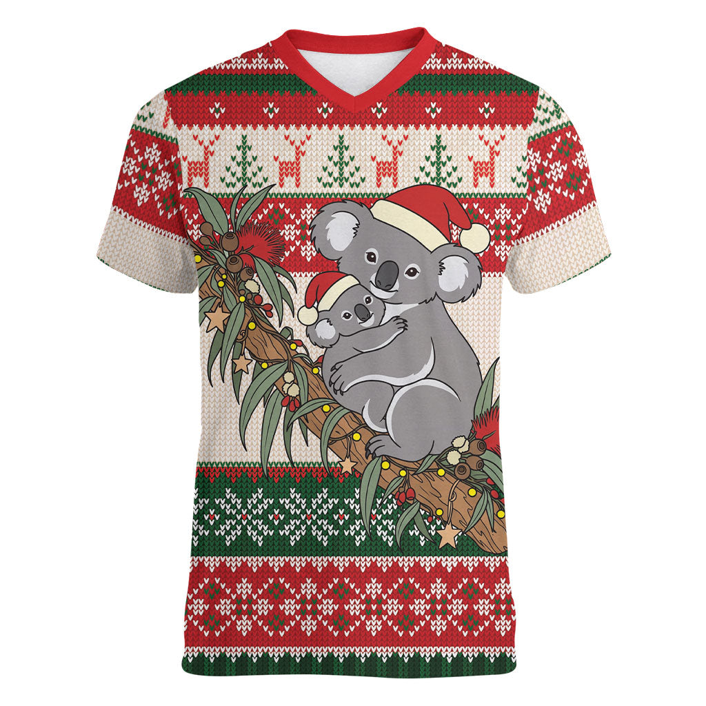 Aussie Koala Mama Christmas Women V-Neck T-Shirt Festive Knitted Pattern Inspired