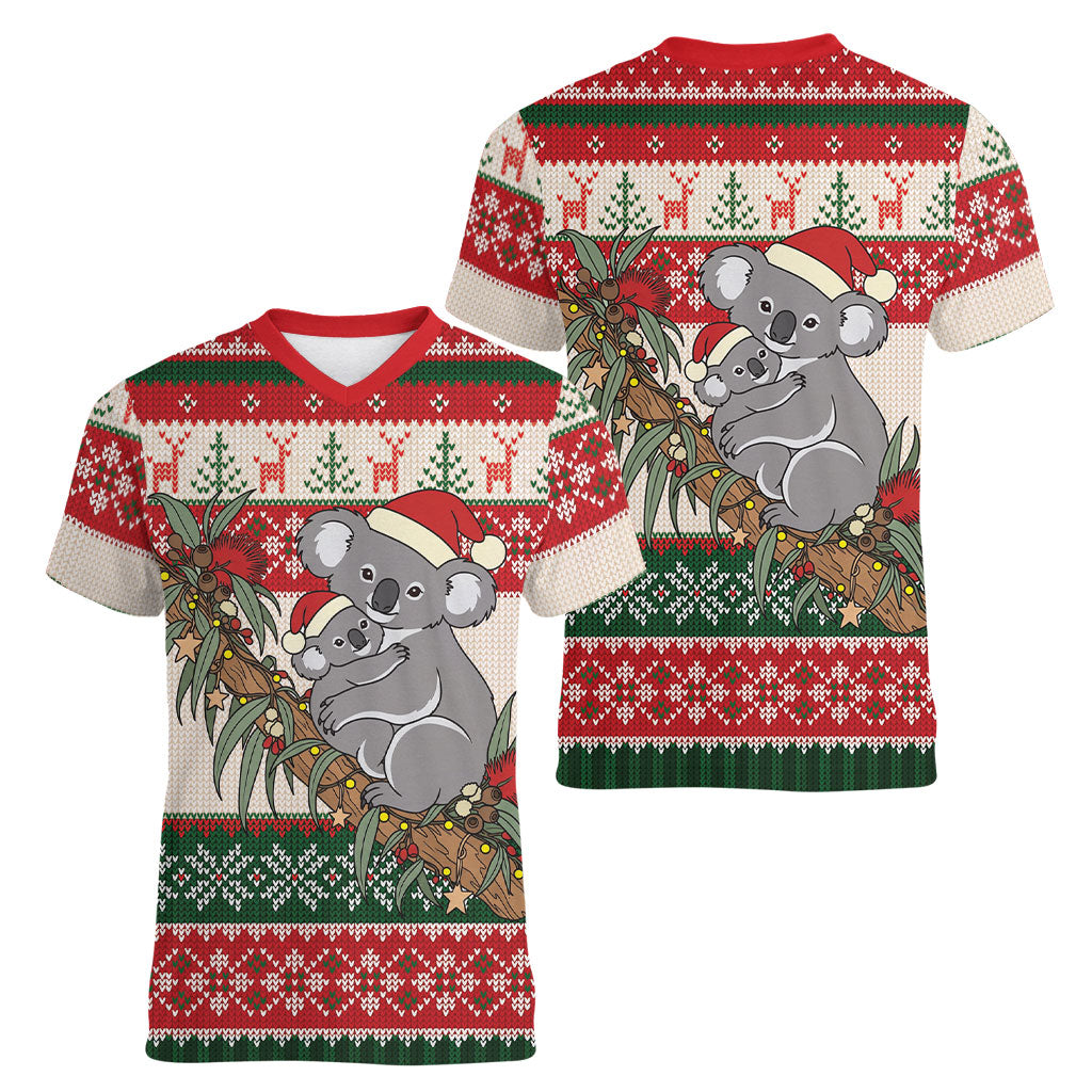 Aussie Koala Mama Christmas Women V-Neck T-Shirt Festive Knitted Pattern Inspired