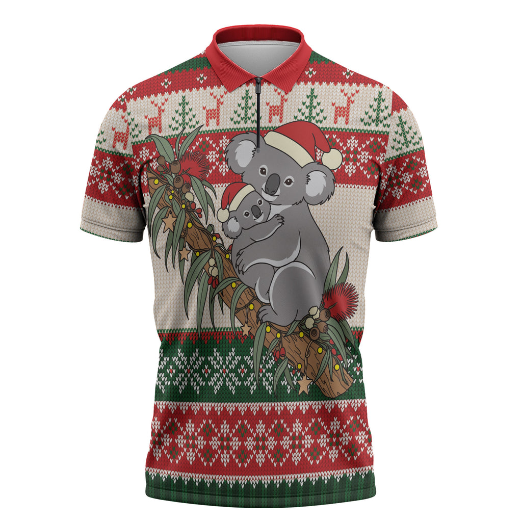 Aussie Koala Mama Christmas Zipper Polo Shirt Festive Knitted Pattern Inspired