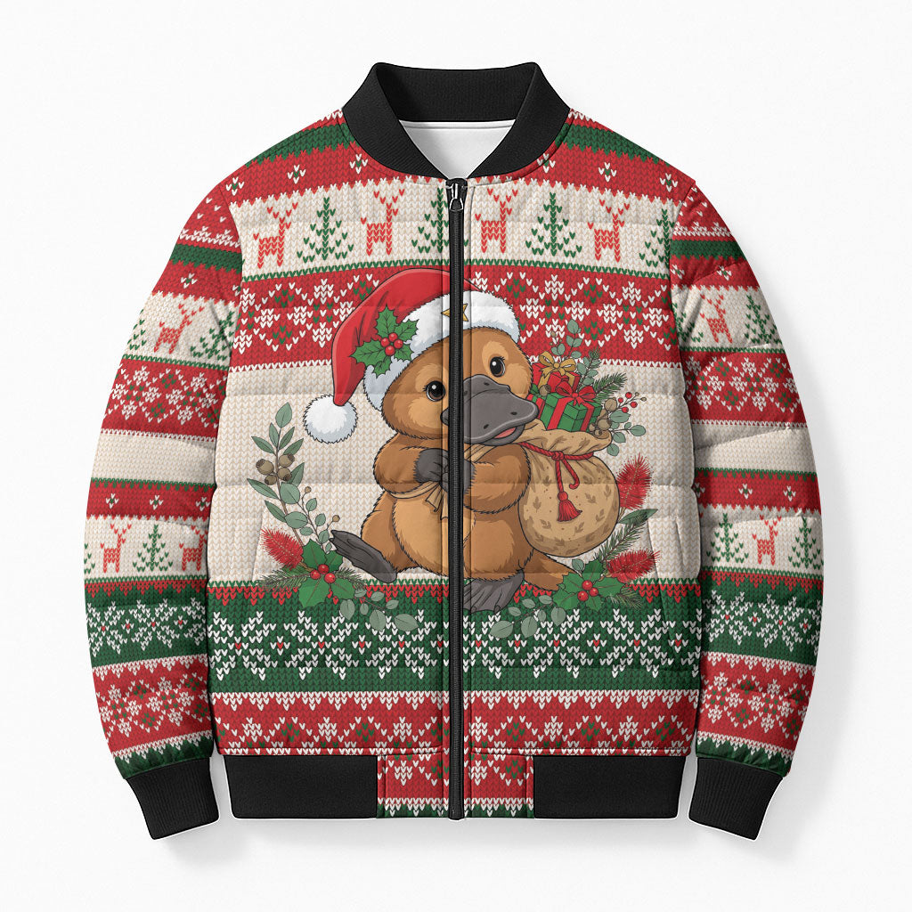 Aussie Platypus Christmas Bomber Puffer Jacket Festive Knitted Pattern Inspired