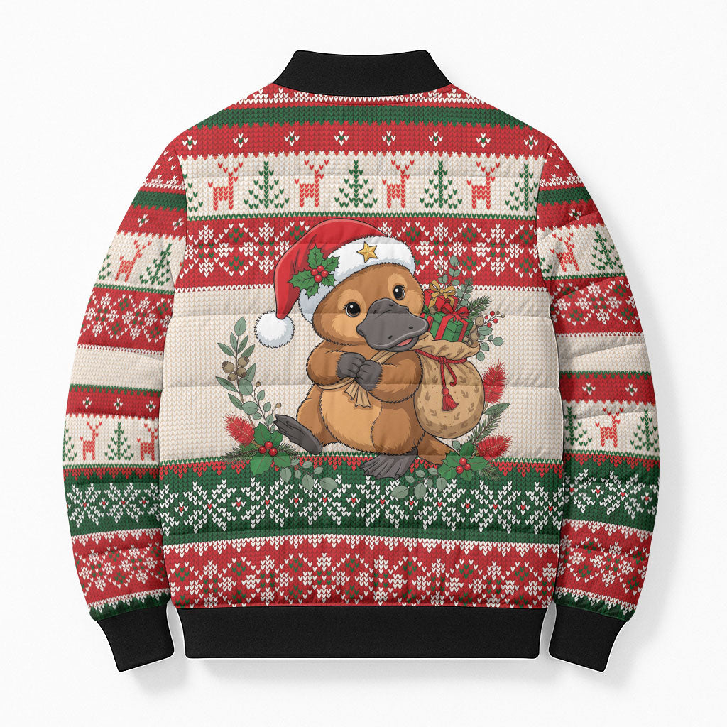 Aussie Platypus Christmas Bomber Puffer Jacket Festive Knitted Pattern Inspired