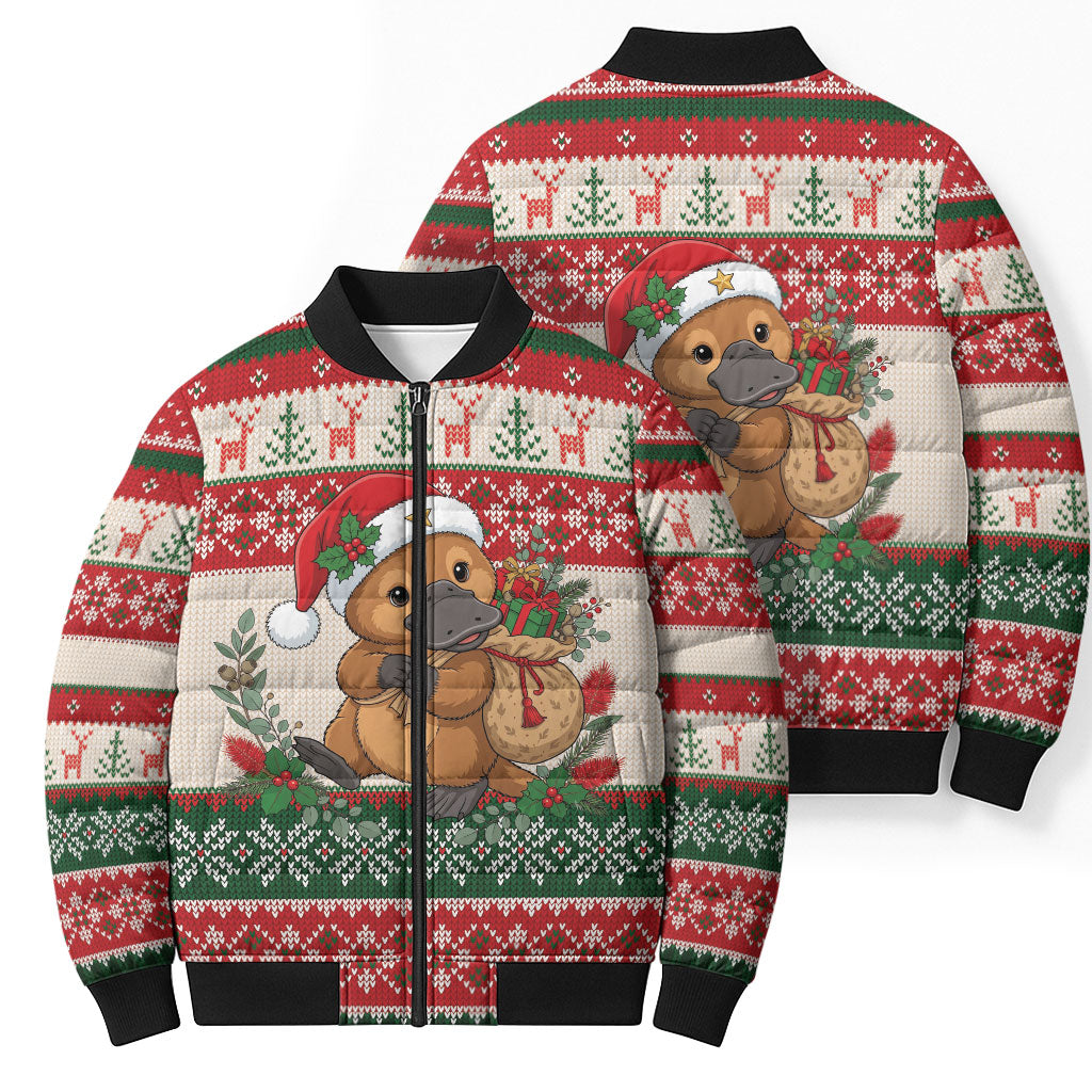 Aussie Platypus Christmas Bomber Puffer Jacket Festive Knitted Pattern Inspired