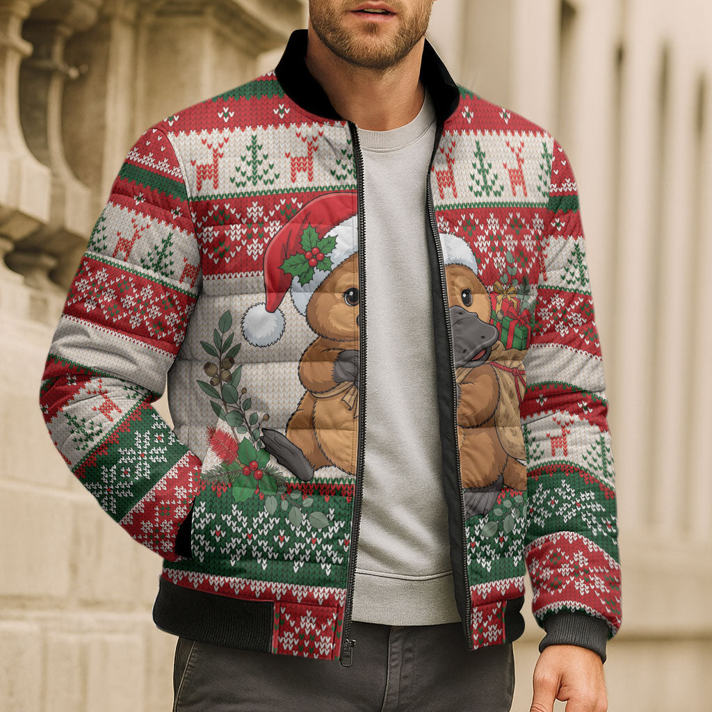 Aussie Platypus Christmas Bomber Puffer Jacket Festive Knitted Pattern Inspired