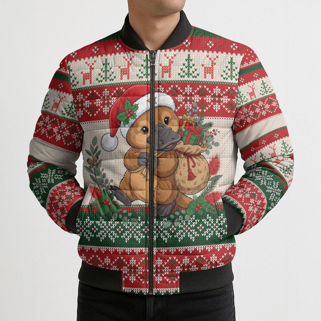 Aussie Platypus Christmas Bomber Puffer Jacket Festive Knitted Pattern Inspired