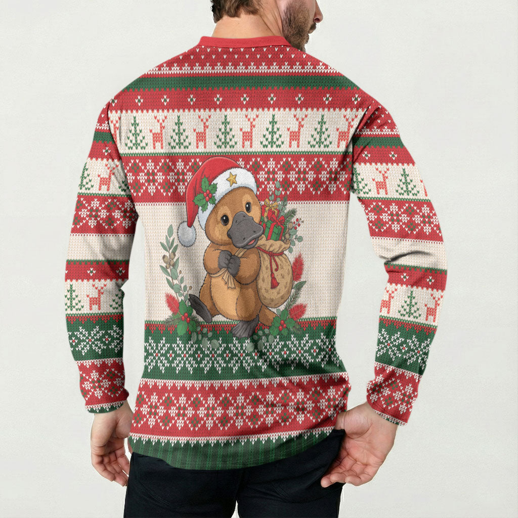 Aussie Platypus Christmas Button Sweatshirt Festive Knitted Pattern Inspired